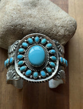 Load image into Gallery viewer, Navajo Native Sterling Silver Blue Turquoise Cluster Cuff Bracelet Signed Gift