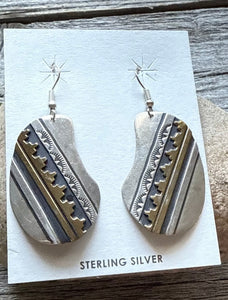 T and R Singer Native American Sterling Silver Gold Filled Earrings. 2.25 Inch