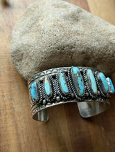 Load image into Gallery viewer, Navajo Native American Sterling Silver Blue Turquoise Row Cuff Bracelet C Yazzie