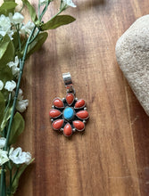 Load image into Gallery viewer, Navajo Sterling Silver Red Coral Turquoise Cluster Pendant LY