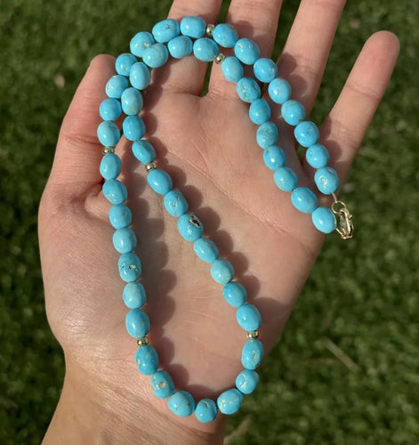 14k Gold Sleeping Beauty Turquoise Nuggets Bead Necklace. 18 inch