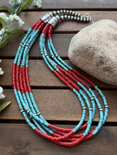 Load image into Gallery viewer, Sterling Silver Multi Strand Heishi Bamboo Coral Turquoise Bead Necklace 24 Inch