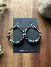 Load image into Gallery viewer, Sterling Silver Purple Spiny Oyster Turquoise Pearls Bead Loop Hoop Earrings
