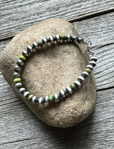 Genuine Green Turquoise 6mm 7 Inch 925 Sterling Silver Pearls Bead Bracelet
