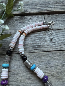 Sterling Silver Multi Stone Pink Conch Kokopelli Bead Necklace 18 Inch