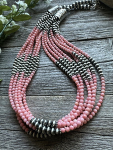 Sterling Silver Multi Strand Pink Coral W Pearls Bead Necklace 24 Inch