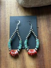 Load image into Gallery viewer, Sterling Silver Turquoise Spiny Oyster Pearls Bead Loop Hoop Earrings. 3 Inch