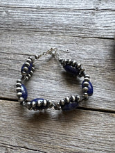 Load image into Gallery viewer, Floral Sterling Silver Blue Lapis Pearls Bead Bracelet. 8 Inch