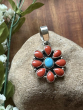 Load image into Gallery viewer, Navajo Sterling Silver Red Coral Turquoise Cluster Pendant LY
