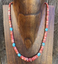 Load image into Gallery viewer, Heishi Sterling Silver Sleeping Beauty Turquoise Spiny Oyster Bead Necklace 18”