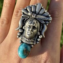 Load image into Gallery viewer, Navajo Sterling Silver Turquoise Indian Chief Head Adjustable Ring Russell Sam