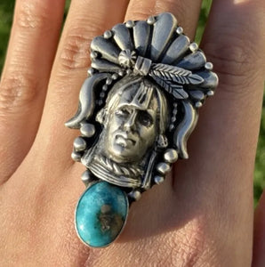 Navajo Sterling Silver Turquoise Indian Chief Head Adjustable Ring Russell Sam