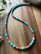Load image into Gallery viewer, Sterling Silver Graduated Turquoise Heishi Spiny Oyster Bead Necklace 23 Inch