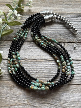 Load image into Gallery viewer, Sterling Silver Multi Strand Black Onyx Turquoise Nuggets Bead Necklace. 24 Inch