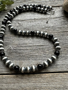 Southwestern Sterling Silver Black Onyx 10mm Pearls Bead Necklace. 26 Inch. Gift