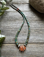 Load image into Gallery viewer, Sterling Silver Orange Spiny Oyster Turquoise Heishi Jackla Bead Necklace 17”