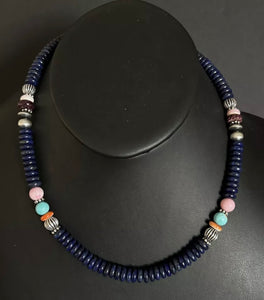 Sterling Silver Lapis Multi Stone Bead Necklace. 18 inch. Gift