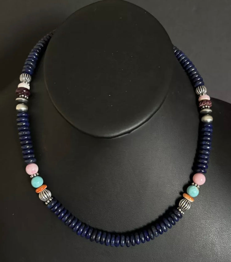 Sterling Silver Lapis Multi Stone Bead Necklace. 18 inch. Gift