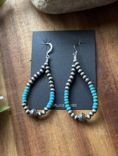 Load image into Gallery viewer, Sterling Silver Blue Turquoise Bead W Pearls Loop Hoop Earrings.