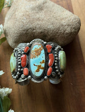 Load image into Gallery viewer, Navajo Native American Sterling Silver Royston Turquoise Coral Cuff Bracelet CY