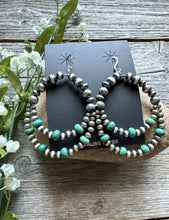 Load image into Gallery viewer, Southwestern SterlingSilver Green Turquoise Pearls Double Loop Earrings 2.5 Inch