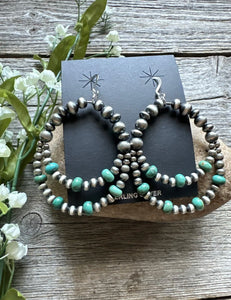Southwestern SterlingSilver Green Turquoise Pearls Double Loop Earrings 2.5 Inch