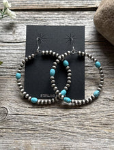 Load image into Gallery viewer, Southwestern Sterling Silver Turquoise Pearls Bead Hoop Earrings 2.5 Inch