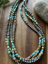 Load image into Gallery viewer, Sterling Silver Multi Strand Blue Green Turquoise Nuggets Pearls Bead Necklace