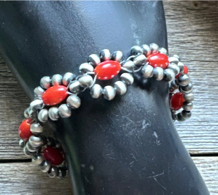 Floral Sterling Silver Red Bamboo Coral Pearls Bead Bracelet. 6 Inch