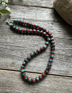 Sterling Silver Heishi Turquoise Coral Bead Necklace. 18 inch