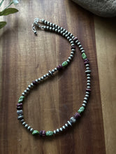 Load image into Gallery viewer, Sterling Silver Purple Spiny Oyster Sonoran Gold Turquoise Pearls Bead Necklace