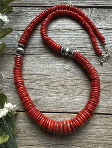 Southwestern Sterling Silver Graduated Bamboo Red Coral Bead Necklace 28 inch