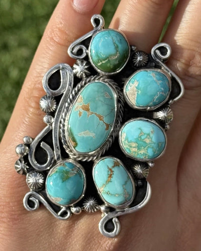 Native American Sterling Silver Turquoise Cluster Ring. Size 8.5 Geneva