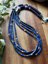 Load image into Gallery viewer, Sterling Silver Multi Strand Heishi Lapis Pink Conch Bead Necklace 26 inch