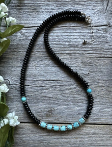 Southwestern 925 Sterling Silver Black Onyx Turquoise Bead Necklace 18 Inch