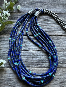 Sterling Silver Multi Strand Stone Lapis Turquoise Bead Necklace. 30 inch