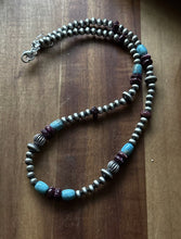 Load image into Gallery viewer, Sterling Silver Purple Spiny Oyster W Turquoise Pearls Bead Necklace. 18 inch