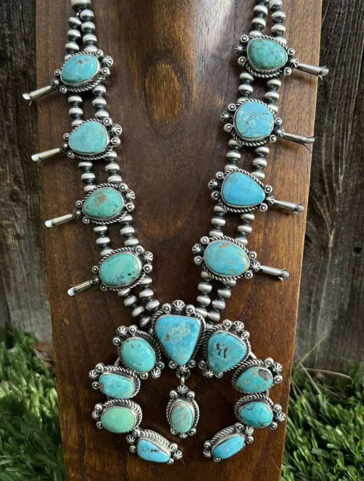 Navajo Sterling Silver Blue Turquoise Squash Blossom Pearls Necklace. K Yazzie