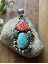 Load image into Gallery viewer, Navajo Native Sterling Silver Multi Stone Turquoise Red Spiny Oyster Pendant RY