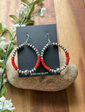 Load image into Gallery viewer, Sterling Silver Red Coral Bead W Pearls Loop Hoop Earrings.