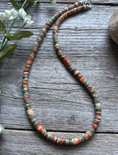 Load image into Gallery viewer, Sterling Silver Orange Spiny Oyster Green Turquoise Heishi Bead Necklace 18 inch