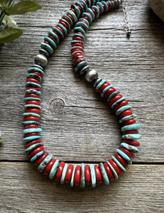 Southwestern 925 Sterling Silver Blue Turquoise Coral Bead Necklace 18 inch Gift