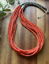 Load image into Gallery viewer, Sterling Silver Multi Strand Orange Bamboo Coral Pearls Bead Necklace 28 Inch