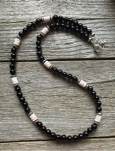 Load image into Gallery viewer, Sterling Silver Black Onyx Pink Conch Bead Necklace. 18 Inch Gift