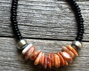 Mens Sterling Silver Black Onyx Orange Spiny Oyster Bead Necklace. 18 Inch