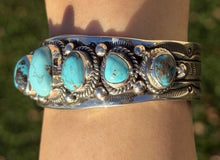 Load image into Gallery viewer, Navajo Native American Sterling Silver Blue Turquoise Row Cuff Bracelet J Nelson