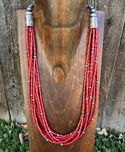 Sterling Silver Multi Strand Red Bamboo Coral W Pearls Bead Necklace 24 Inch