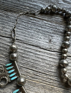 Native American Navajo Sterling Silver Turquoise Pearls Bead Necklace L By Joe