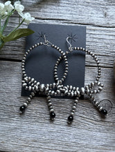 Load image into Gallery viewer, Sterling Silver Bow Black Onyx Pearls Hoop Bead Earrings 3.5 Inch
