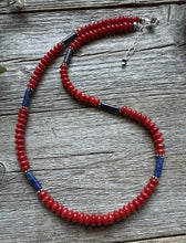 Load image into Gallery viewer, Sterling Silver Red Coral Lapis Bead Necklace. 18 inch Gift